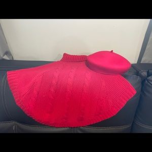 Girl size 5 red Carter’s poncho. Gymboree size 2t-5t red French hat.